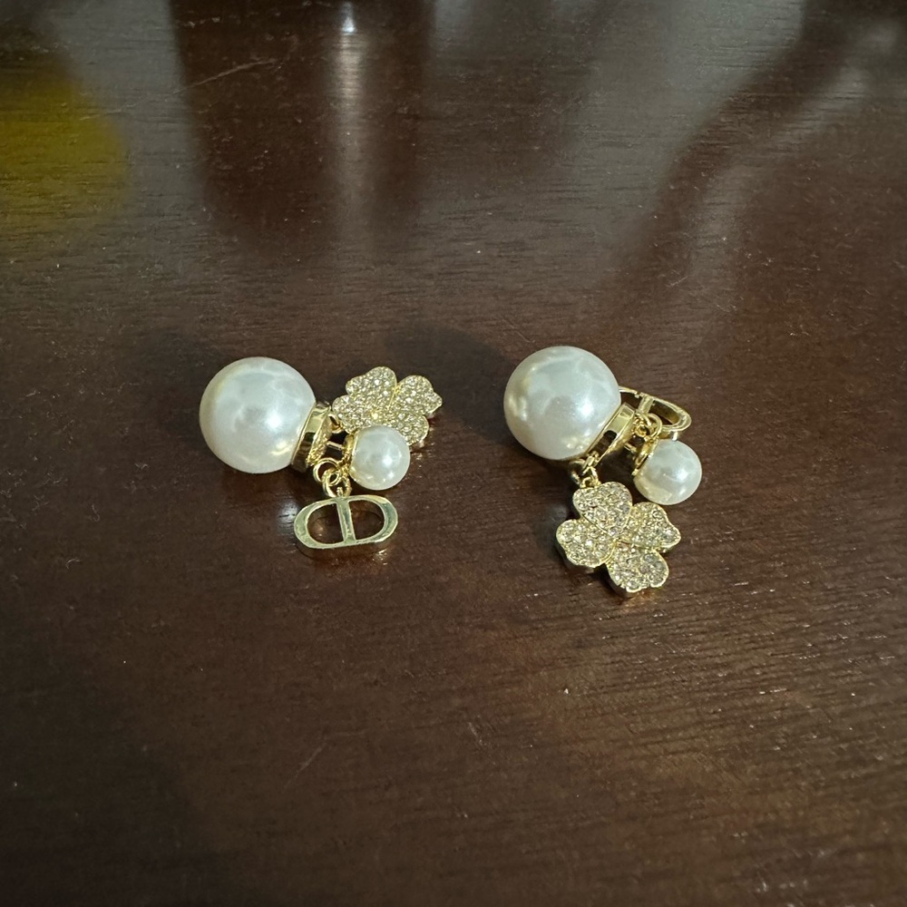 Authentic Christian Dior Pearl Earrings with Clover
